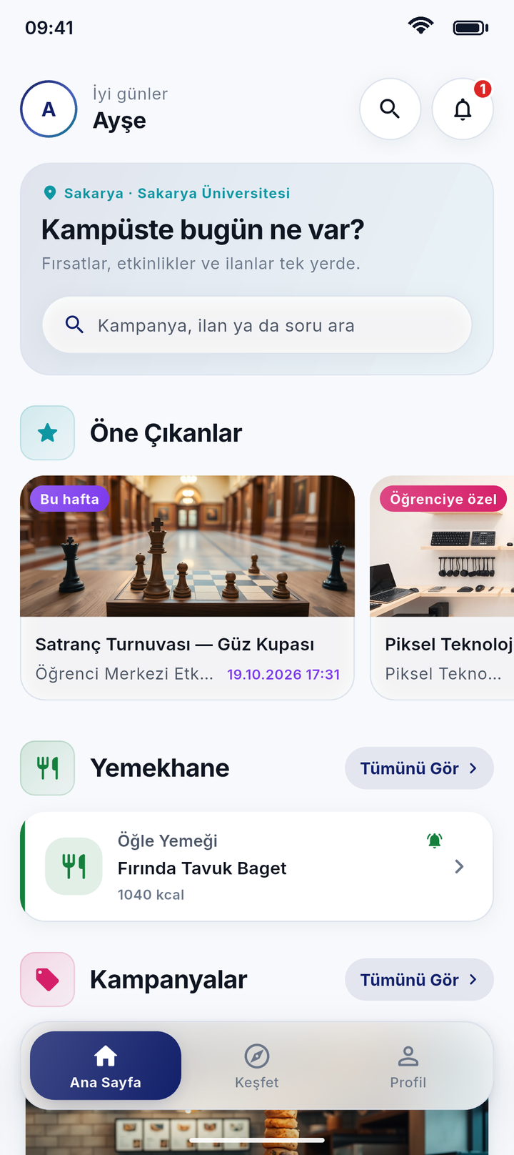ÜniBurda ana sayfası: üstte "Kampüste bugün ne var?" arama kutusu, altında öne çıkan etkinlikler, günün yemekhane menüsü ve kampanyalar.