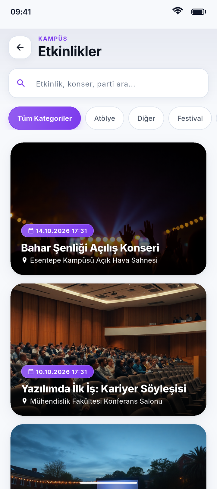 Etkinlikler listesi: kategori filtreleri ve fotoğraflı etkinlik kartları, her kartta tarih, saat ve mekân.