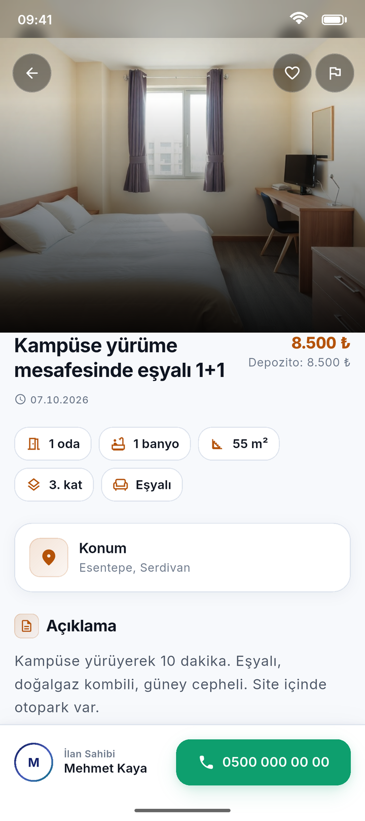 Ev ilanı detayı: büyük fotoğraf, fiyat ve depozito, oda-banyo-metrekare rozetleri, konum, açıklama ve ilan sahibine arama düğmesi.