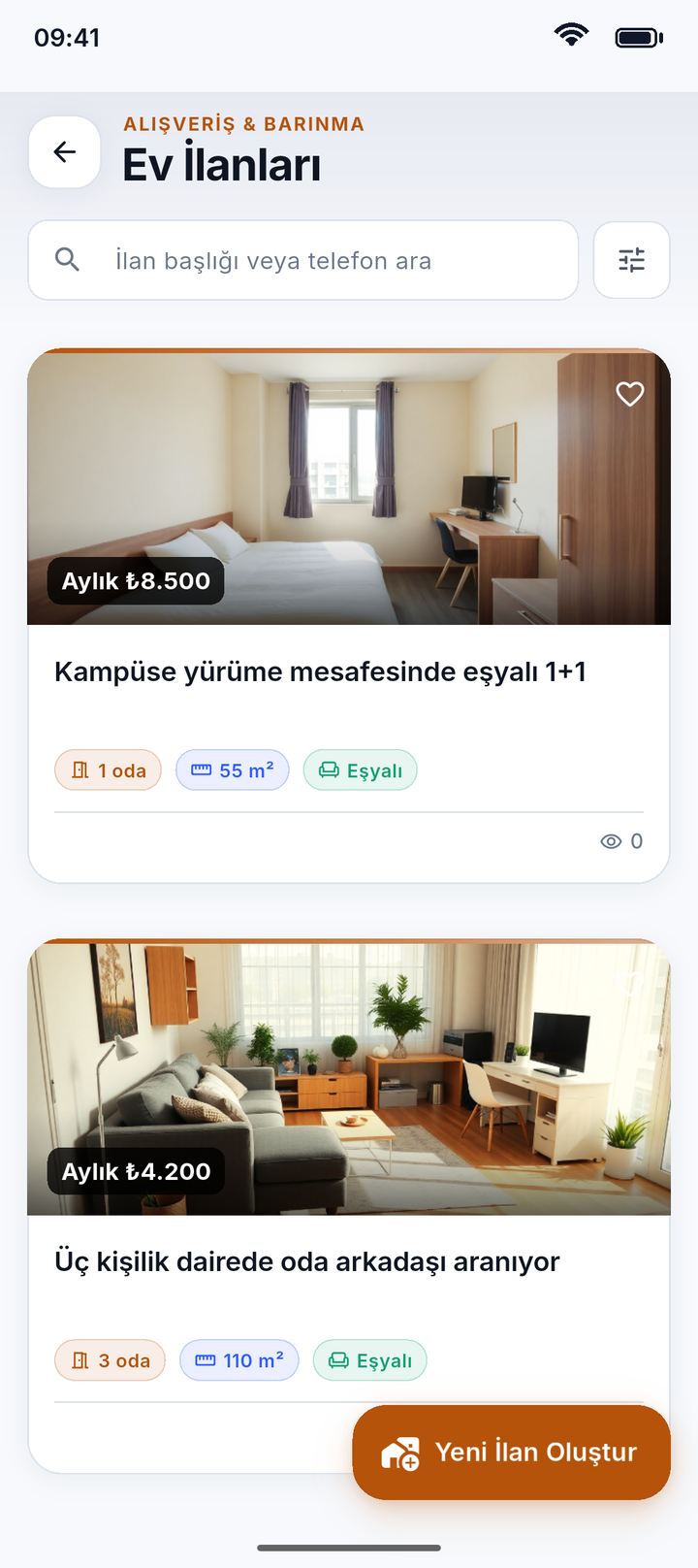 Ev ilanları listesi: fotoğraflı ilan kartları, her kartta aylık kira, oda sayısı, metrekare ve eşya durumu.