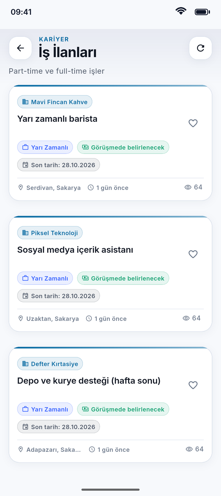 İş ilanları listesi: her ilanda işletme adı, pozisyon, yarı zamanlı etiketi, son başvuru tarihi ve konum.