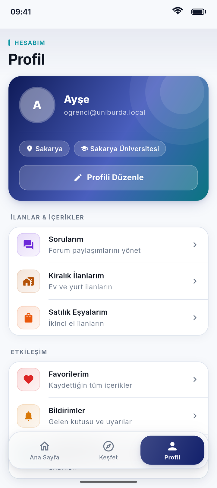 Profil ekranı: şehir ve üniversite rozetleri, profili düzenle düğmesi, sorularım, kiralık ilanlarım, favorilerim ve bildirimler menüsü.