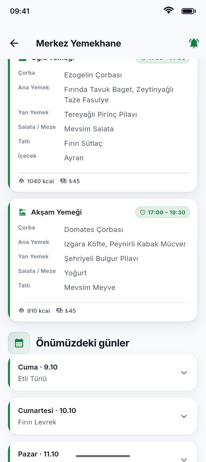 Yemekhane öğün detayı: çorba, ana yemek, yan yemek, salata ve tatlı satır satır; altında kalori ve ücret.